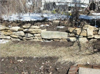 this shows the south limestone wall after it was widened to align with the bed to the west - there will eventually be a short walkway thru the bed to the north side starting at the 'low spot' in the wall